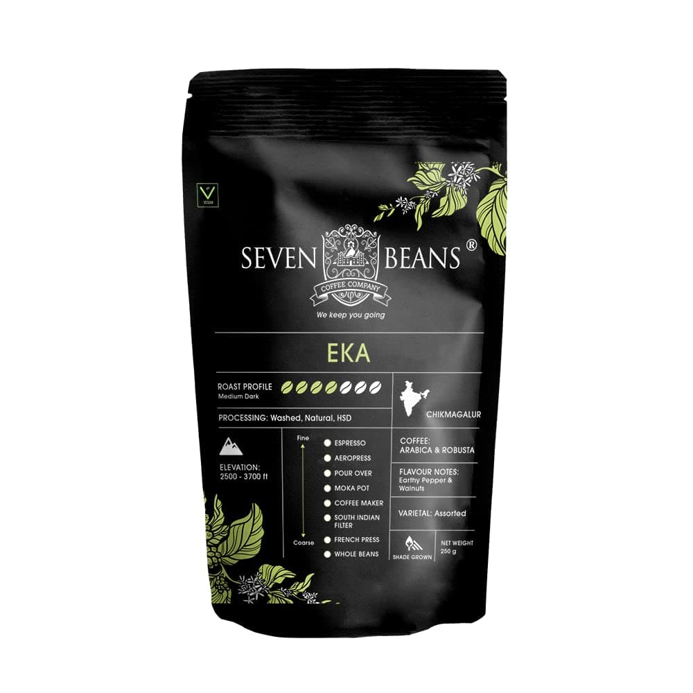 Seven Beans Eka Whole Beans | Medium Dark Roast | Earthy with hints of Pepper & Walnut Notes | Arabica & Robusta Blend | Italian Style Coffee | Italian Roastmaster Crafted – 250g