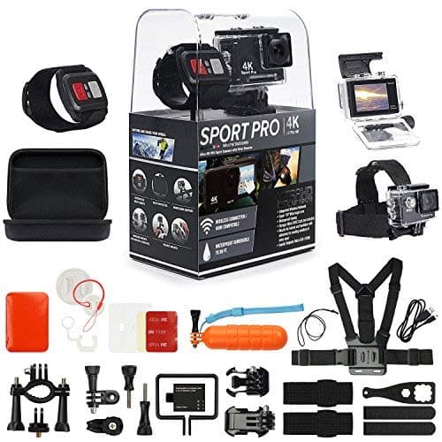 SportPro 4K UHD WiFi Touch Screen Action Camera with Wireless Wrist Remote and Super Premium Accessory Kit - Touch Screen and Wireless Wrist Remote - 4K@30FPS Ultra HD - Extra Battery – Chest Strap