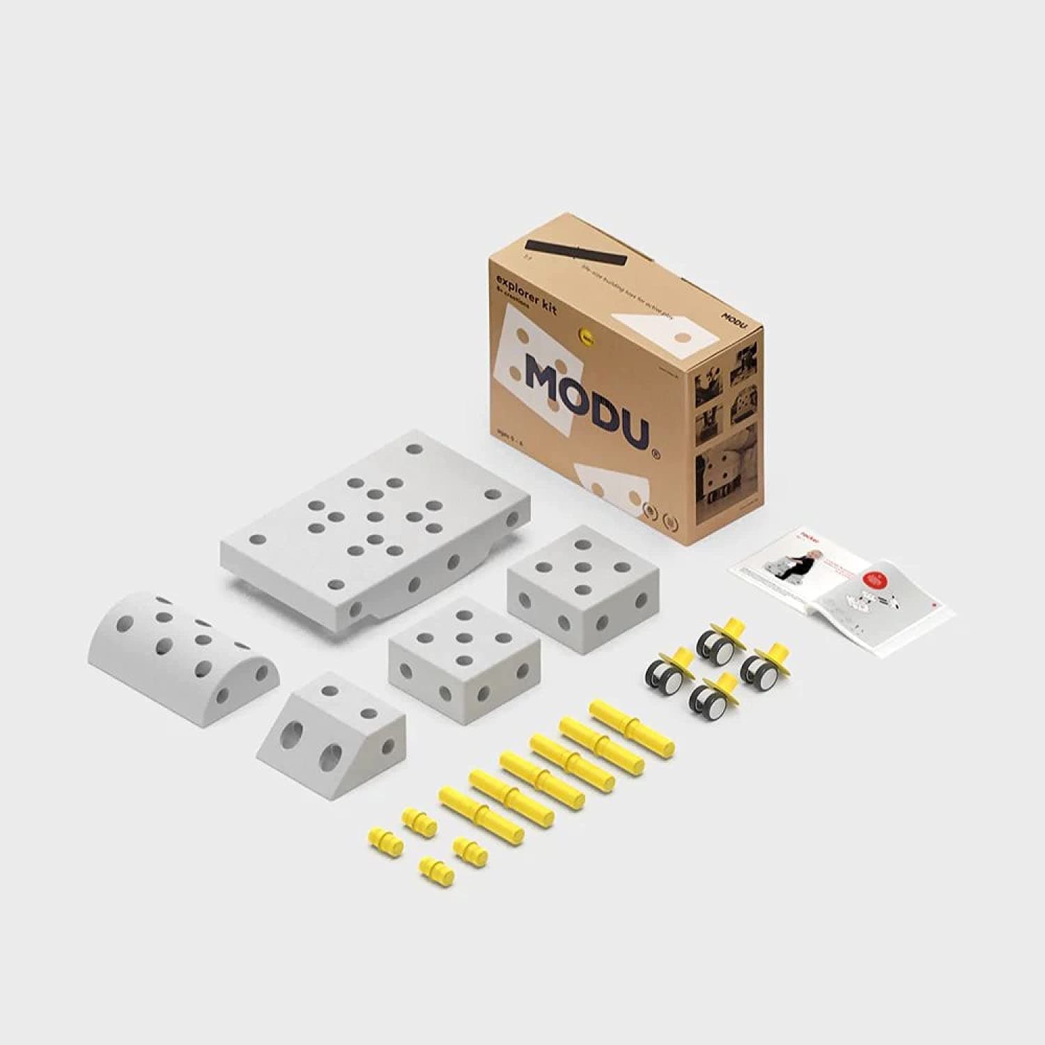 MODU Explorer Kit Yellow - More than 8 creations with: 5 blocks, 10 connector pegs, 4 wheels, 1 inspiration booklet