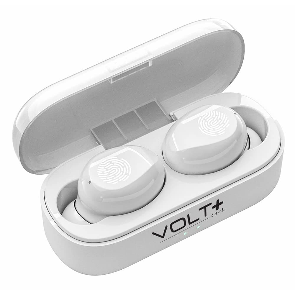 VOLT PLUS TECH Slim Travel Wireless V5.1 Earbuds Compatible with Your Lemon Mobiles Ocean 6 Updated Micro Thin Case with Quad Mic 8D Bass IPX7 Waterproof/Sweatproof (White)