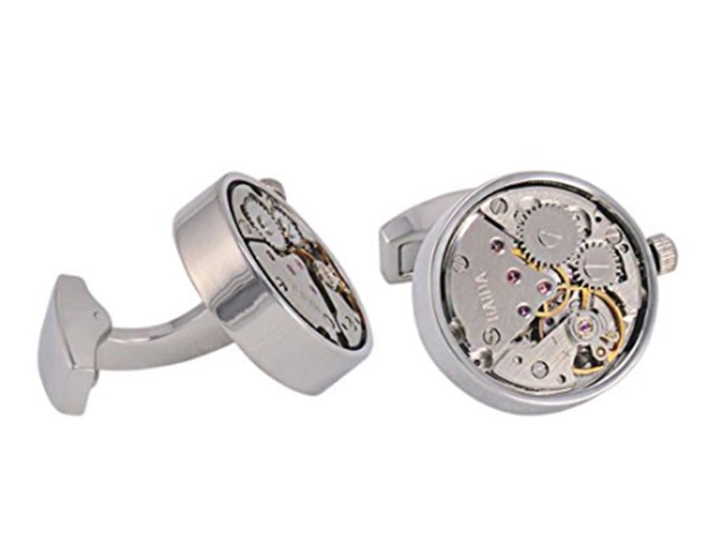 Black Round And Silver Active Movement Steampunk Men'S Vintage Clockwork Watch Movement Cuff Links