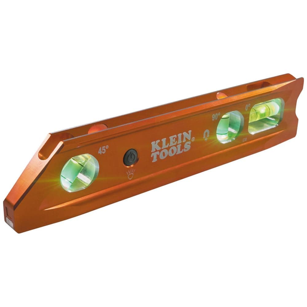 Klein Tools 935RBLT Level, 9-Inch Lighted Torpedo Level with Magnet, 0/45/90 Degree Vials and V-Groove, Water and Impact Resistant, High-Visibility