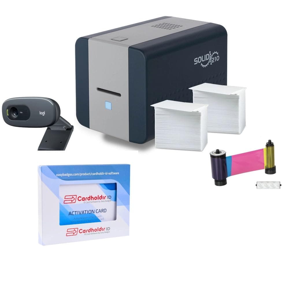 Badge Printer Solid 210 Single Sided | with HD Webcam, 200 Blank ID Cards, 200 Strap Clips & Color Ribbon | ID Card Printer