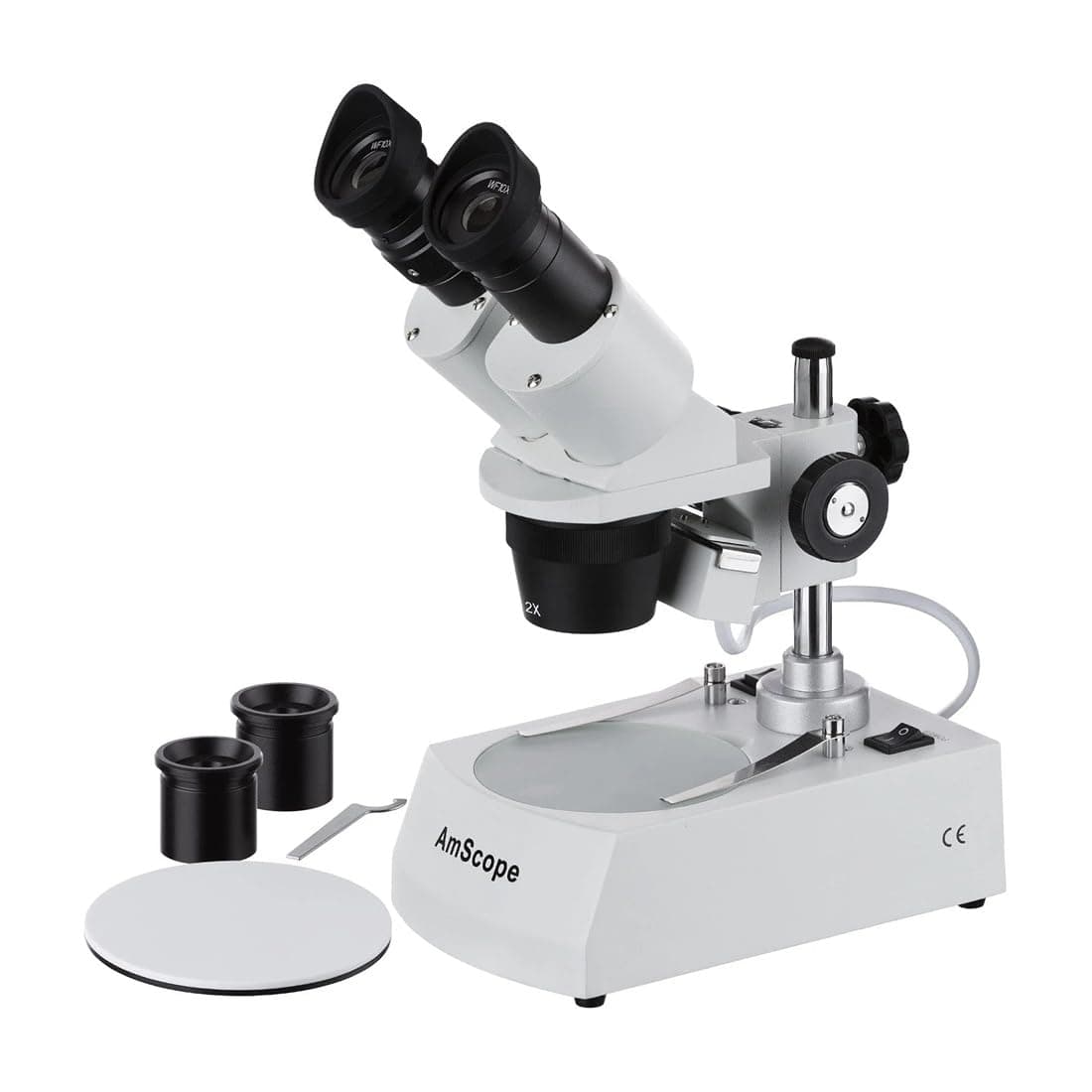 AmScope SE306R-PZ Forward Binocular Stereo Microscope, WF10x and WF20x Eyepieces, 10X-80X Magnification, 2X and 4X Objectives, Upper and Lower Halogen Light Source, Pillar Stand, 120V , White