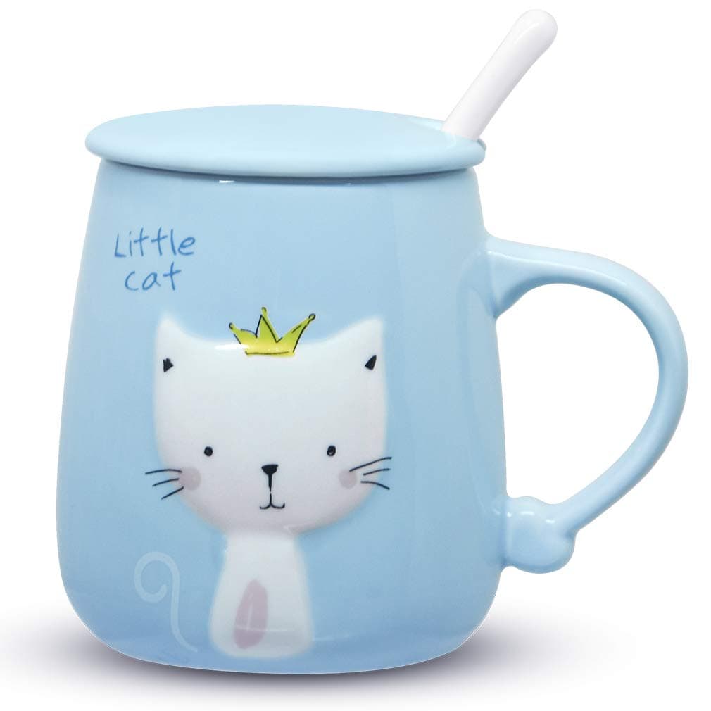 Blue Cat Mug 13 Oz, Cute Kitty Coffee Mug Cup with Lid and Ceramic Spoon for Cat Lovers