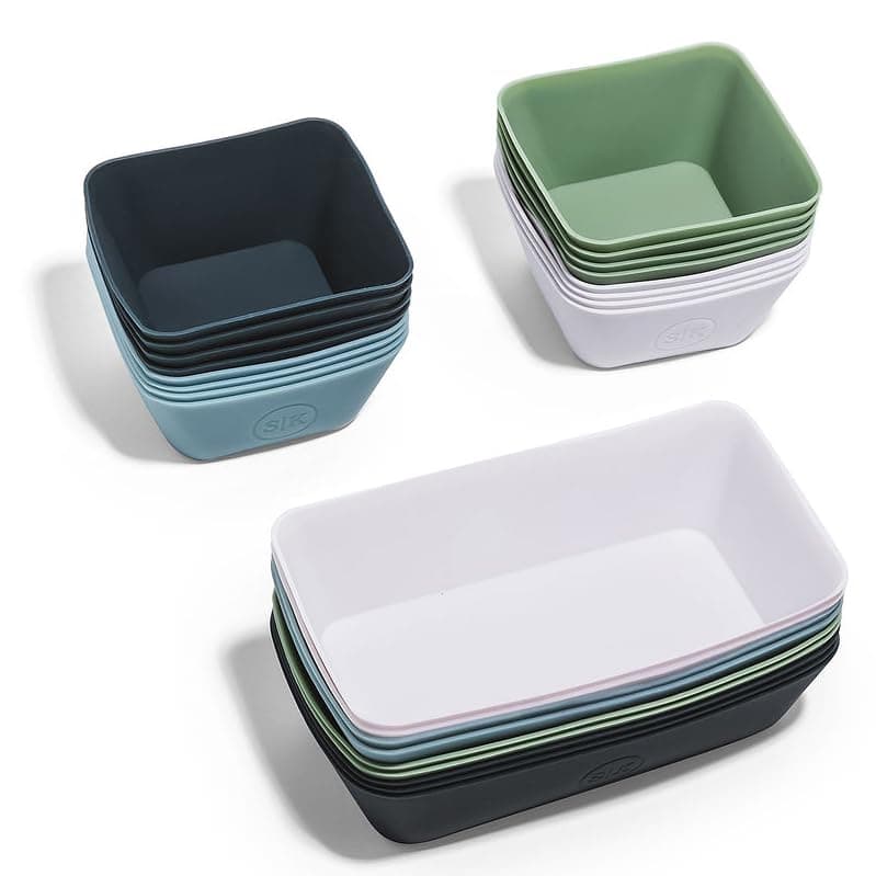 The Silicone Kitchen Reusable Silicone Bento Baking Cup, Non-Toxic, BPA Free, Dishwasher Safe Bento Box Accessories Lunch Box Dividers, Square and Rectangle, 24 Pack, Blue, White, Green