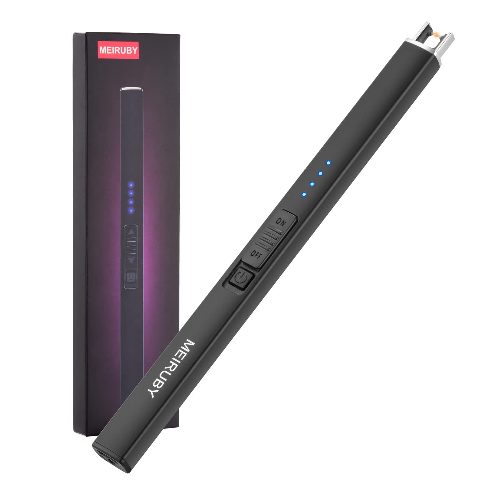 MEIRUBY Lighter Electric Candle Lighter Long Electronic Rechargeable USB Arc Windproof Flameless Lighters for Candle Camping BBQ Birthday Women's Day Gifts for Women Mom Wife Men, Balck