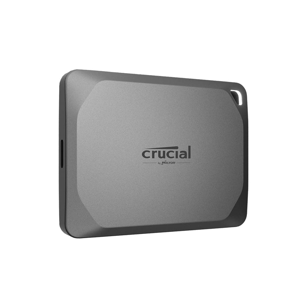 Crucial X9 Pro 2TB Portable SSD Read and write speeds up to1,050MB/s Water, dust, and sand resistant (IP55), 256‐bit AES hardware encryption, plug-and-play compatibility with Windows, Mac, Android, iPad, PC, Linux®, PlayStation® and Xbox gaming consoles via USB-C cable with One month Adobe Creative Cloud 5 Years Warranty, External SSD Color Grey