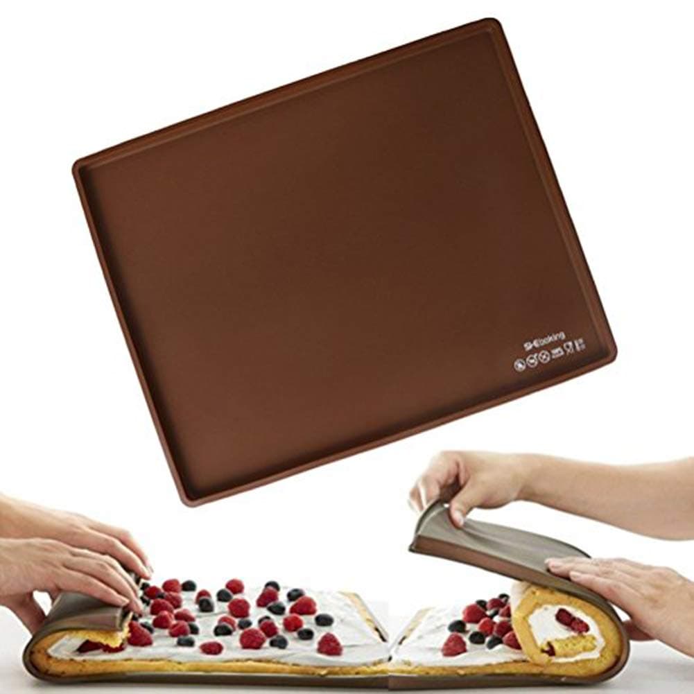 1 Pc Silicone Non Stick Swiss Roll Roulade Baking Mold Pastry Tools Cake Sheet Rectangular Shape Pizza Baking Pan Mat Cake Roll Maker (Brown)
