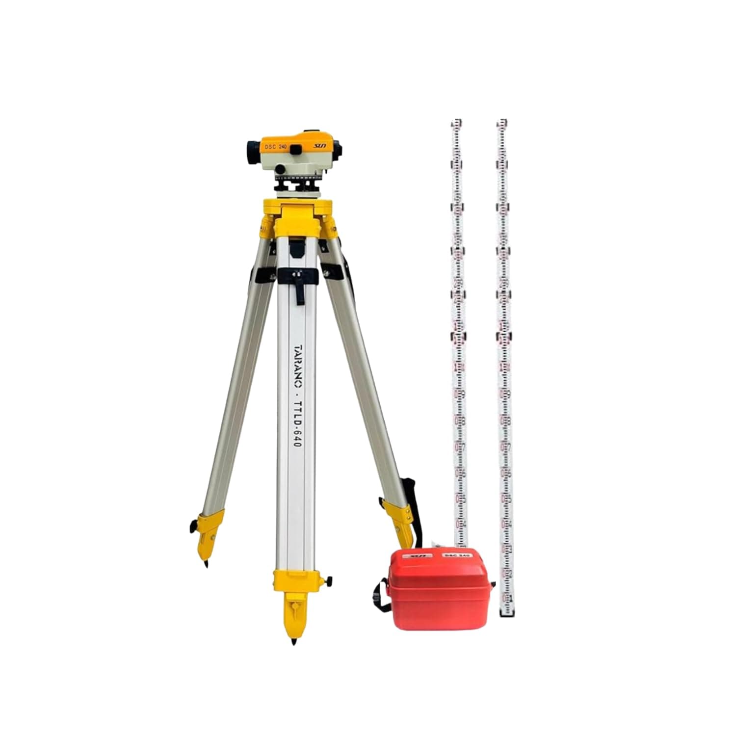 SUN INSTRUMENTS | SUN AUTO LEVEL DSC- 240WITH FREE PLASTIC BOX FOR AUTO LEVEL | INCLUDED 4 MTR LEVELING STAFF WITH ALUMINIUM DOUBLE LOCK TRIPOD STAND (2 LEVELING STAFF)