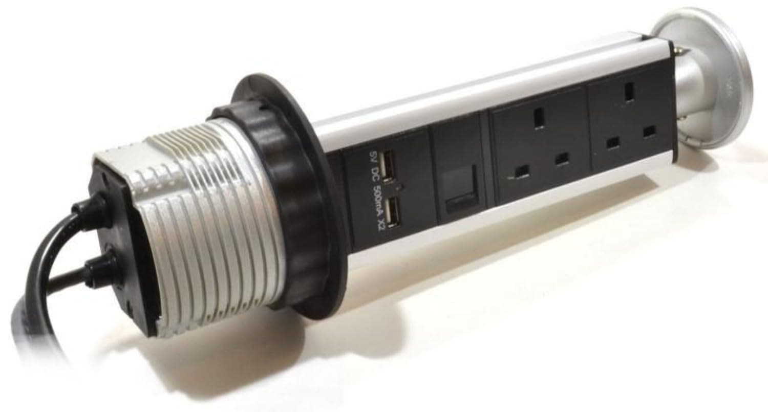 Desktop Multifunction Pop Up PowerPod PDU - 2x UK Sockets 2x USB 1x RJ45 |1.8m 2-Way Desk Surface Pull-out Power PDU