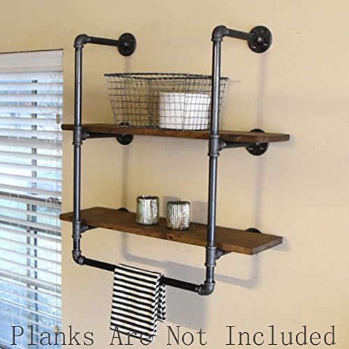 Industrial Retro Wall Mount Iron Pipe Shelf,Bathroom Wall Unit,2 Tier Pipe Shelves and Towel Holder,Floating Shelves,Bathroom Decor,Towel Storage, Towel Rack 20" Wide (Not Included Planks)