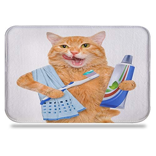 Memory Foam Cute Bath Mat Absorbent Cozy Non Slip Bathroom Rug Flannel Bath Rugs for Kids Bathroom Machine Washable Small Shower Rug Floor Laundry Carpet 24" x 16" Colorful Star Cat Brushing Teeth