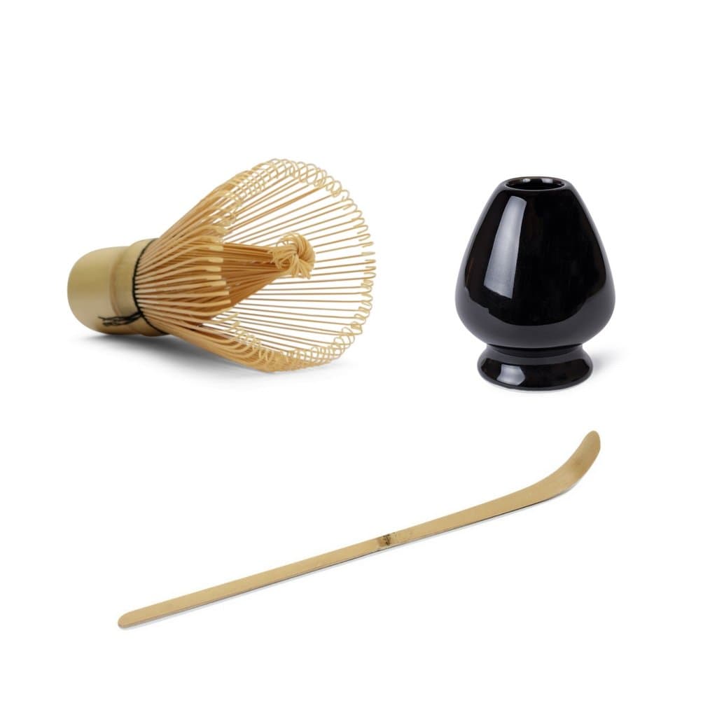 Matcha Whisk Bundle Set (3 Piece) - Consisting of Bamboo Matcha Whisk, Bamboo Matcha Spoon or Scoop and Ceramic Matcha Tea Whisk Holder (Black)