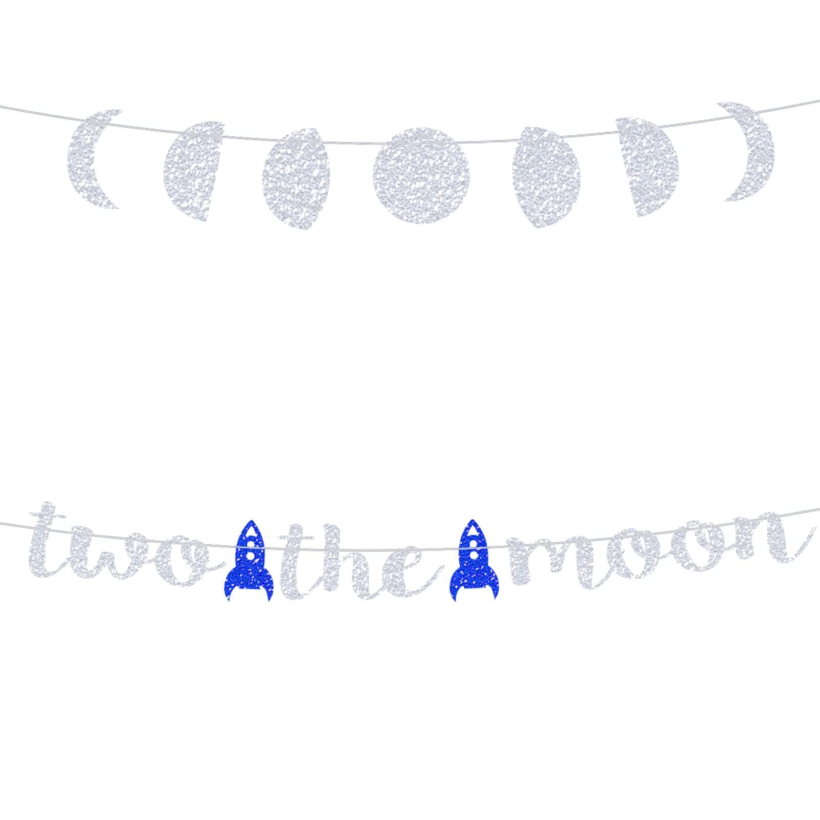 Two the Moon Birthday Decorations Silver Glitter Two the Moon Party Banner for Outer Space/Galaxy Astronaut/Space Man/Robot UFO Theme Baby Boys 2nd Birthday Party Supplies Decorations