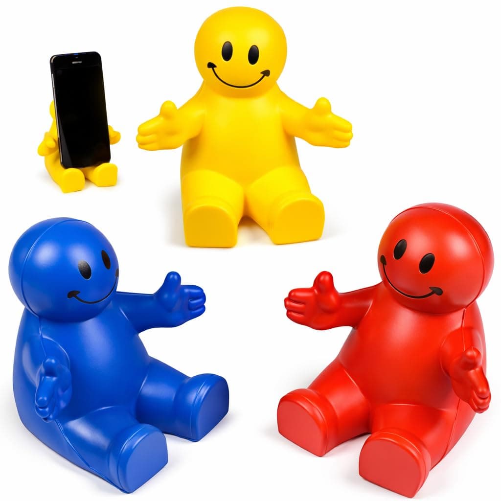 Zugar Land 4" Fun Colorful Squeezable Smile Face Guy Phone Holders (3 Pack) Stress Relief Desk Accessories, Flexible Silicone Stand for Smartphones & Tablets, Fun Gifts for Home or Office