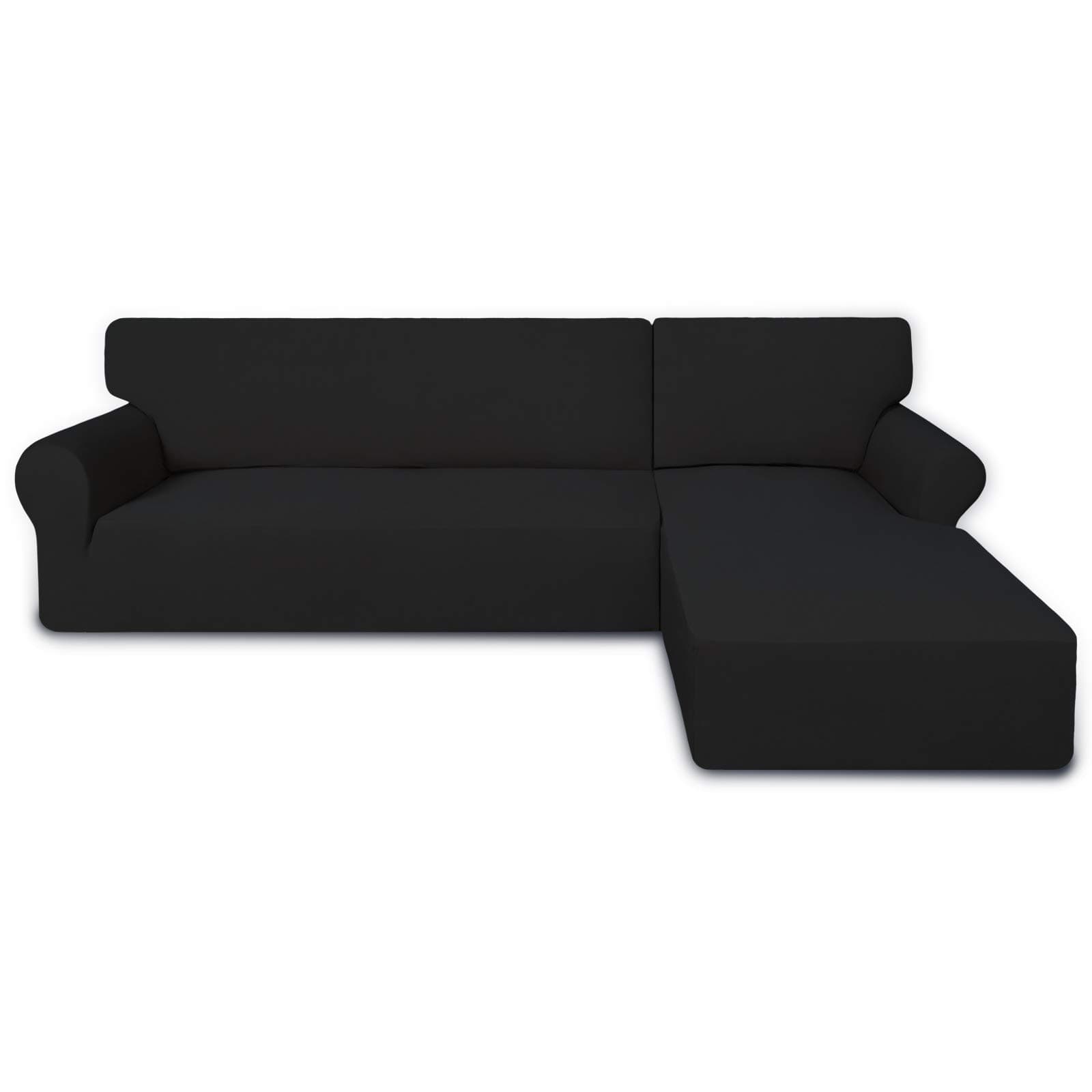 PureFit Super Stretch Sectional Couch Covers - 2 pcs Non Slip Sofa Covers with Elastic Bottom for L Shape Sectional Sofa Couch, Great for Kids & Pets (3 Seat Sofa + 3 Seat Chaise, Black)