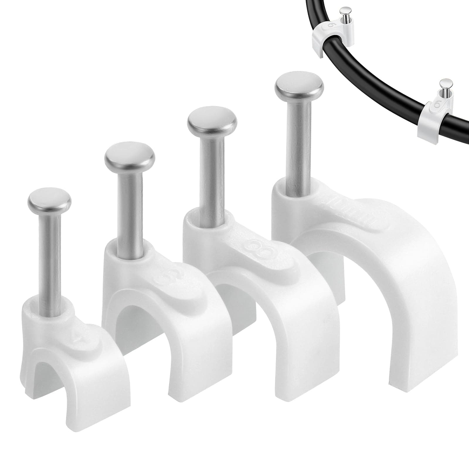 Roxanex 400PCS 4 Sizes Cable Clips White Cable Nail Clips, Strong Electrical Cable Wall Clips Wire Tidy Clips 4mm 6mm 8mm 10mm for Ethernet Cable Telephone Line TV USB Cable