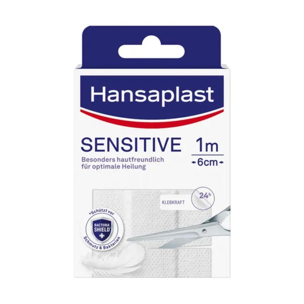 Hansaplast Sensitive Plasters (1 m x 6 cm), Cut to Size, Skin-Friendly Wound Plasters with Bacteria Shield & Secure Adhesion, Painless to Remove