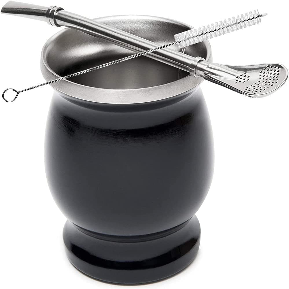 Street27 Yerba Mate Cup Set Double-Layer Vacuum Insulation Mug Includes Yerba Mate Straw & Cleaning Brush Easy To Clean Stainless Steel Yerba Mate Gourd (Black), 240 ML
