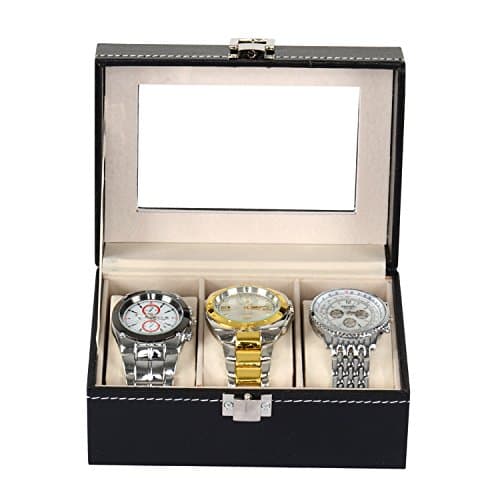 Gright® Leather Watch Case Storage Box With Glass Top Holds 3 Watches Extra Large Compartments Soft Cushions and Window and Lock