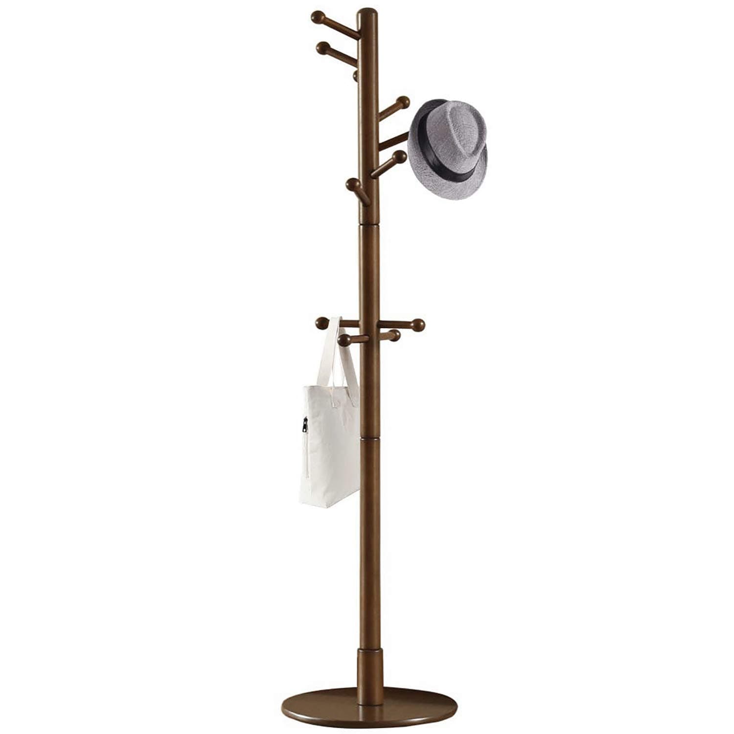 Sturdy Wooden Coat Rack Stand, Entryway Hall Tree Coat Tree with Solid Round Base for Hat,Clothes,Purse,Scarves,Handbags,Umbrella-(Dark Brown, 11 Hooks)