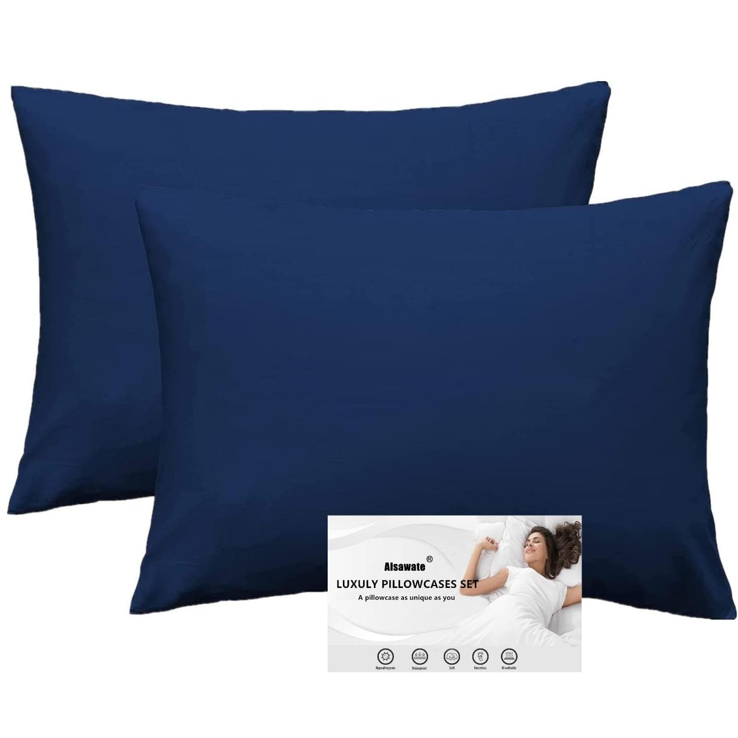 Navy Blue Standard Pillow Shams 2 Pack- 500 Thread Count Cotton 20x30 Sham Covers, Soft and Breathable with Envelope Closure Pillow Case for Sleeping