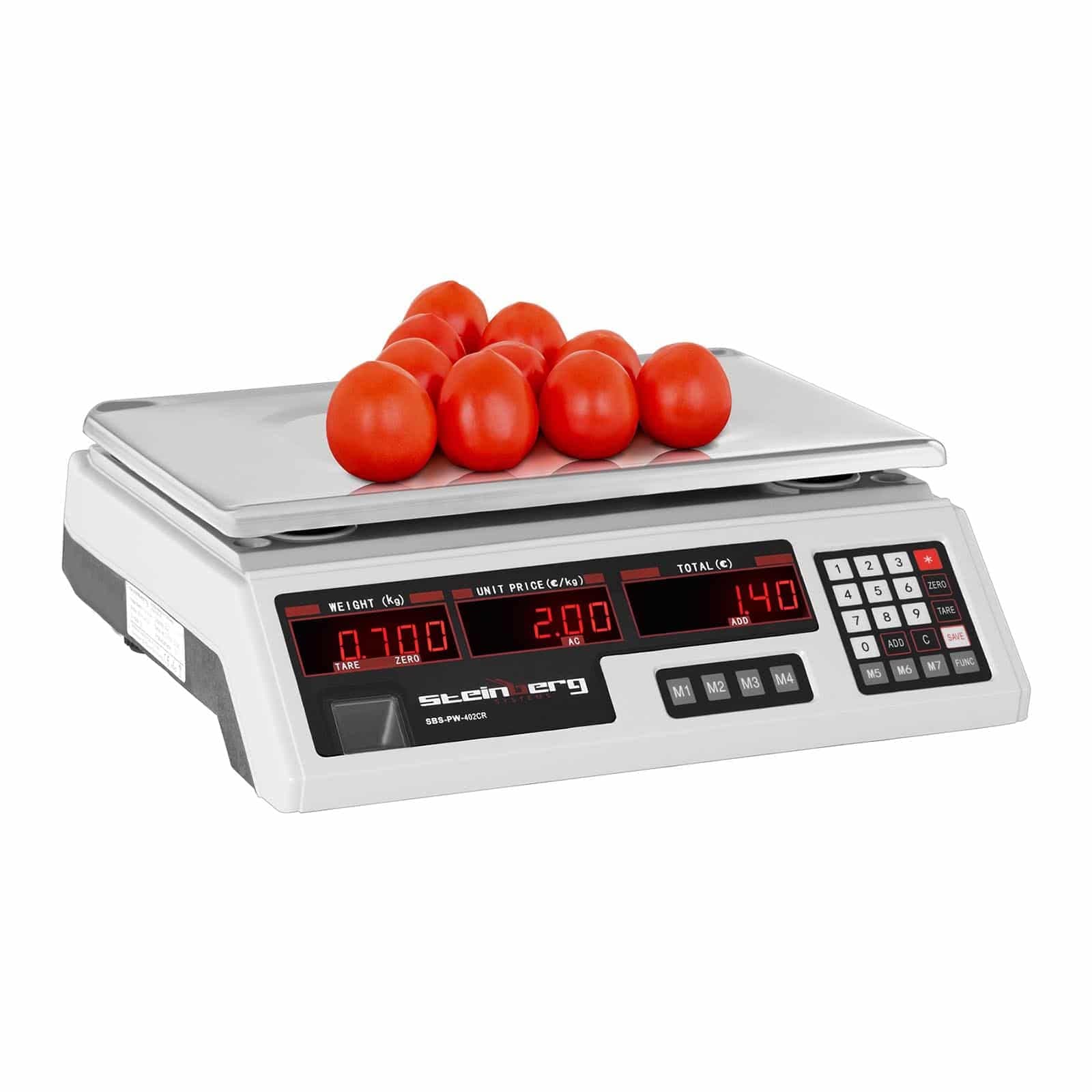 Steinberg Systems Electronic Scale Retail Scale Industrial Table Digital Scale 0-40kg SBS-PW-402CR (33x24x0.6cm, 6 LED Displays, 7 Memory Spaces, 4V Battery, 2g Accuracy)