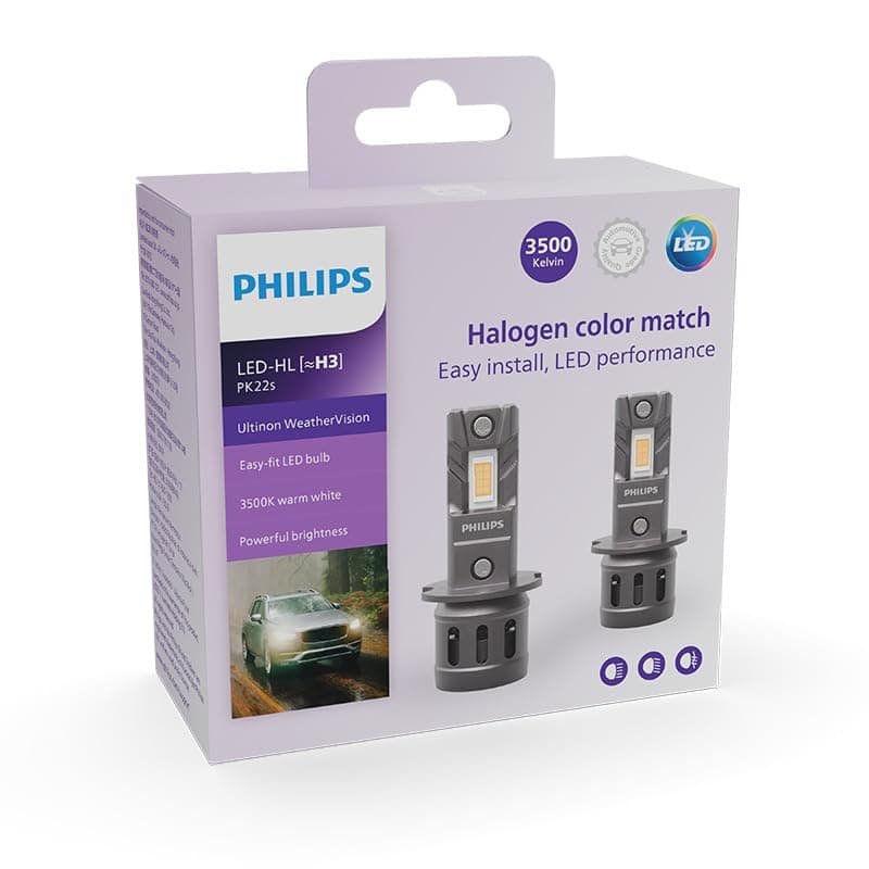 Phillips' Weathervision LED Car Headlight Bulb (H3), Ultra-Compact Direct-Fit, Halogen Color Match, Easy Install, LED Performance, 3500K, Set Of 2, White