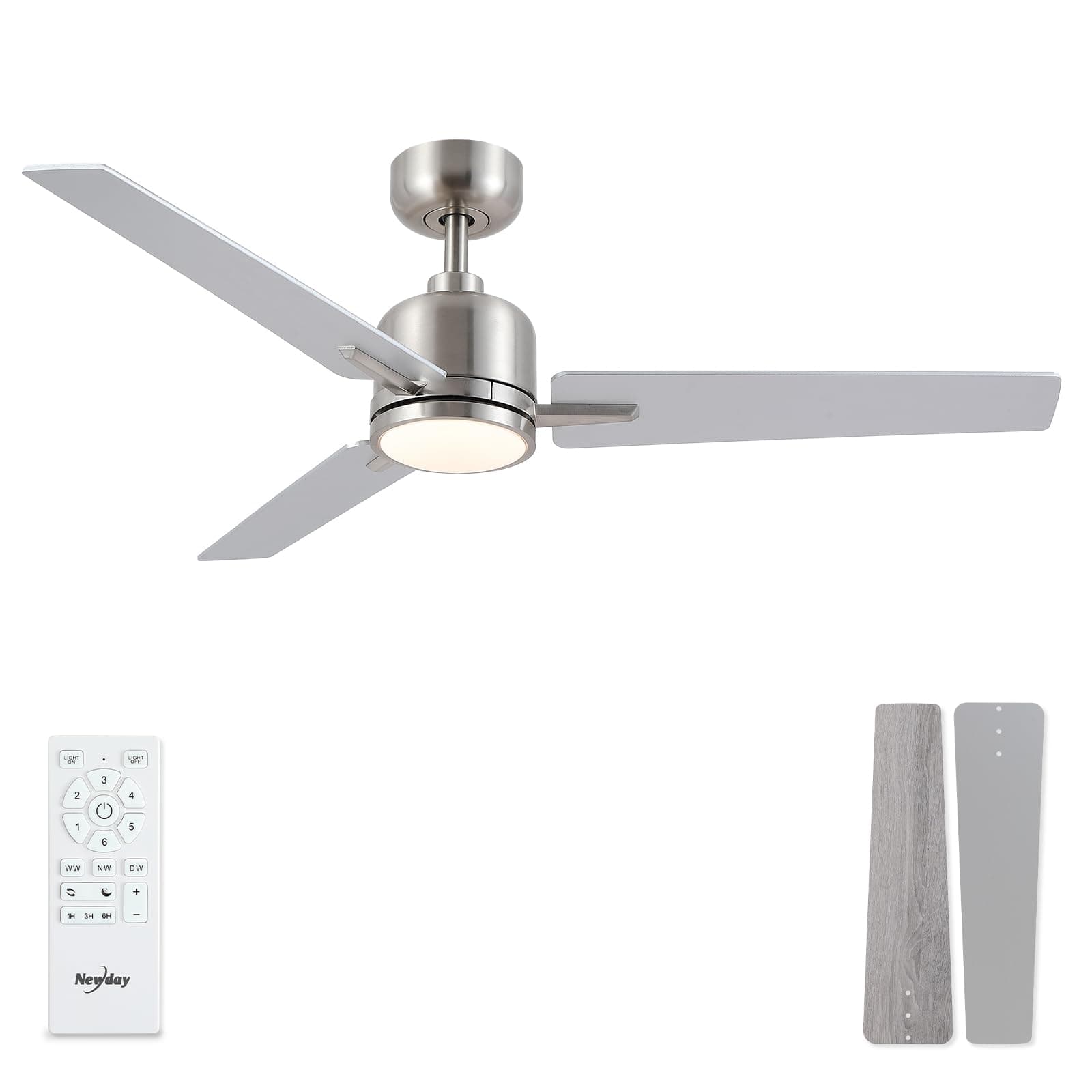Silver and Grey Ceiling Fan with Lights and Remote, 48” Silent Ceiling Fan with Dimmable LED 24W, Reversible DC Motor, 6 Speeds, 3 Timer for Bedroom Living Room Basement Kitchen Terrace