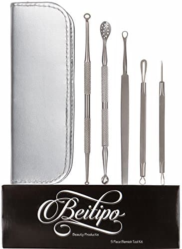 Comedone Extractor Acne Removal Tool Kit (5 Pieces in Choice of Silver or Black Zipper Case) Effective for Treatment of Blackhead and Whitehead