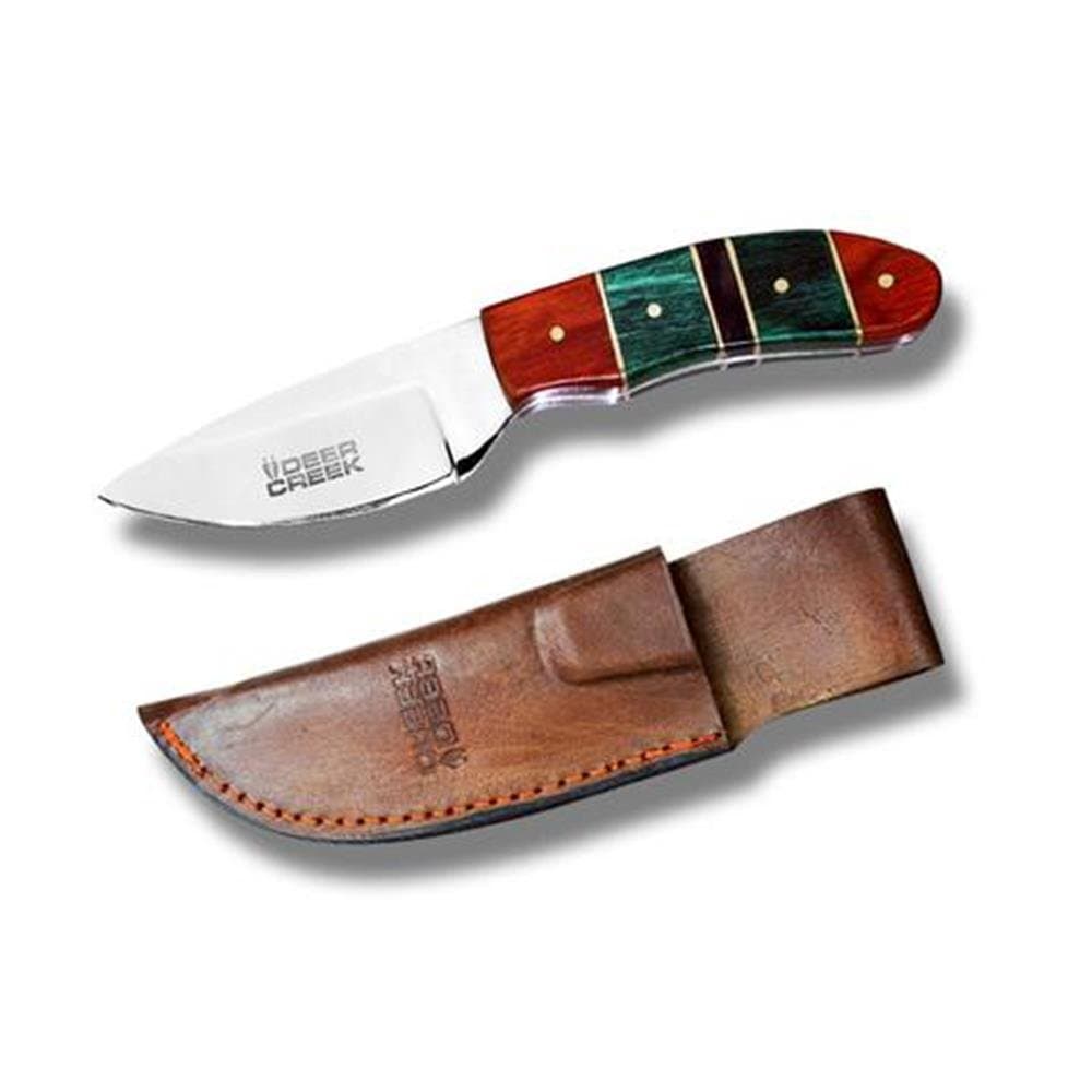 Rex Distributors DC-808 6" Deercreek Short Skinner blk/Blue/Red Wood Color Handle with Leather Sheath Knife