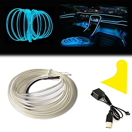 El Wire Ice Blue Interior Car LED Strip Lights, 10M Neon Wire USB 5V with Fuse Protection for Automotive Interior Decoration, with 6mm Sewing Edge