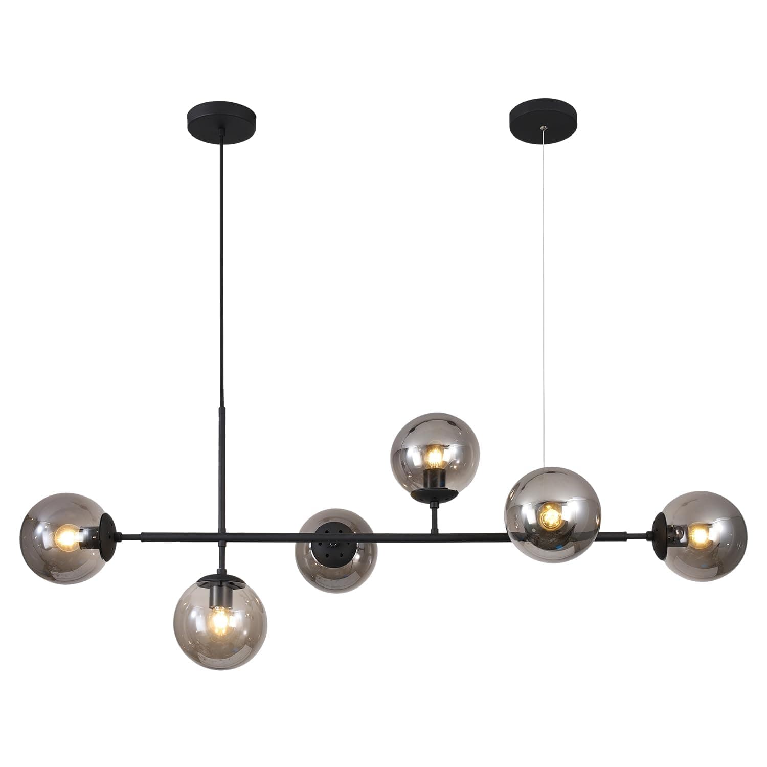 Lighting 6-Light Mid Century Modern Rectangle Sputnik Black Chandelier Light, Kitchen Island Light Linear Chandelier, Glass Globe Pendant Light for Dining Room, Living Room (Black+Smoke Gray)