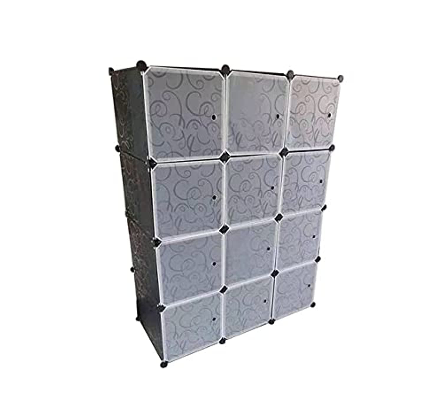 12 Storage Cube Organizer Wardrobe Modular Closet Plastic Cabinet, Cubby Shelving Storage Drawer Unit, DIY Modular Bookcase Closet System with Doors for Clothes, Shoes, Toys Black and White