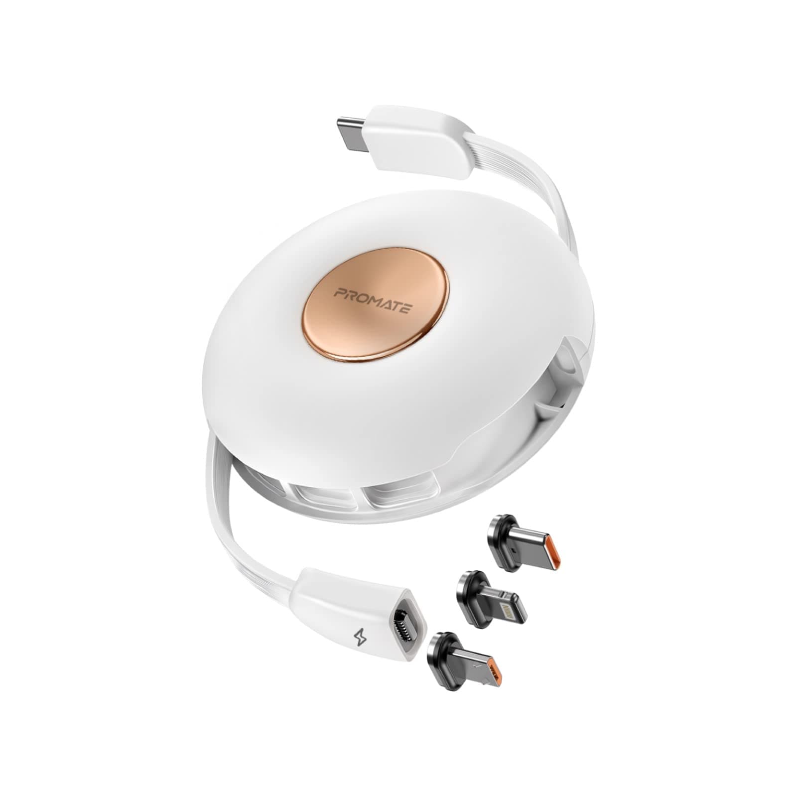 Promate Magnetic Charging Cable, 3-in-1 Retractable USB-C™ Charging Cable with 60W USB-C™ Power Delivery, 18W Micro-USB, 20W Lightning Power Delivery and Sync Charge Cord for iPhone 13, Quiver White