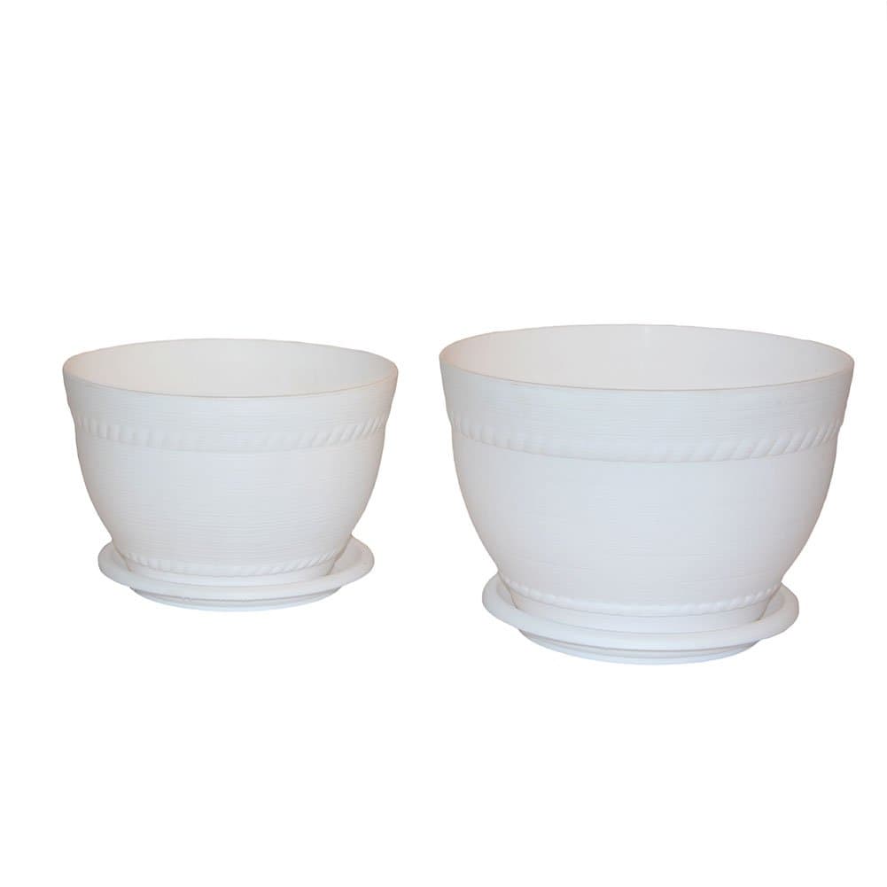 Centurich Round Plastic Flower Pot With Tray for Yard Balcony Room office and Garden, Pack of 2 (Large&Small) (white)