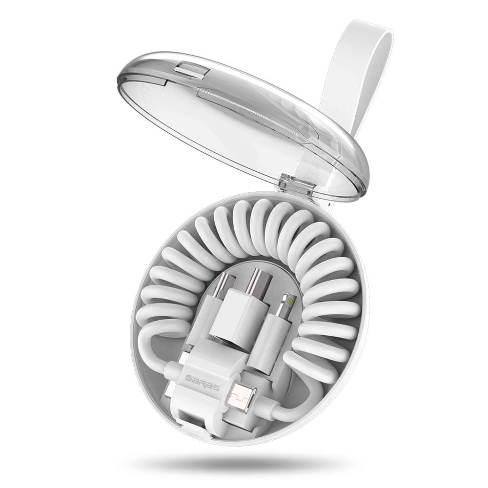 GARAS 3 in 1 Coiled Fast Charging Cable and Date Cable with Portable Storage Box Compatible with Redmi Huawei Honor Samsung i-Prodcut and More (White)