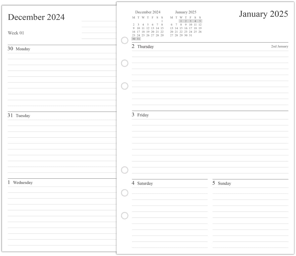 Orgnizme2025 Diary Refill A5 Size, Week on Two Pages, Compatible with Filofax A5 Organiser, 148 x 210mm