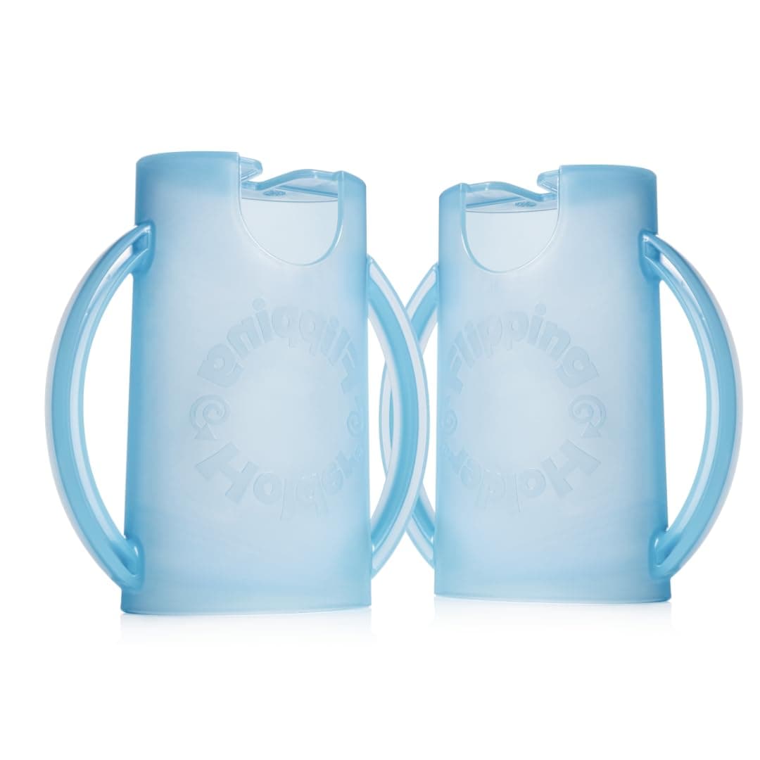 Flipping Holder 2-pack, multipurpose squeeze-proof food pouch holder and juice box holder (Aqua Blue x2)