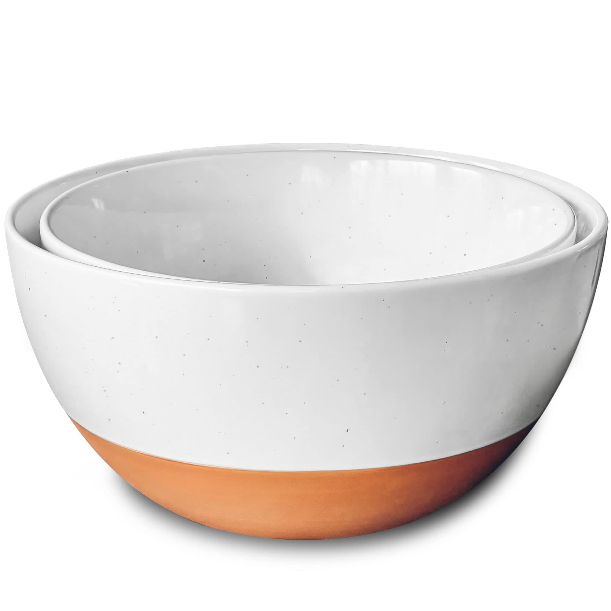 Ceramic Large Mixing Bowls - Set of 2 Nesting Bowls for Cooking, Serving, Popcorn, Salad etc - Microwavable Kitchen Stoneware, Oven, Microwave and Dishwasher Safe - Extra Big 5.5 & 3.6 Qt - White