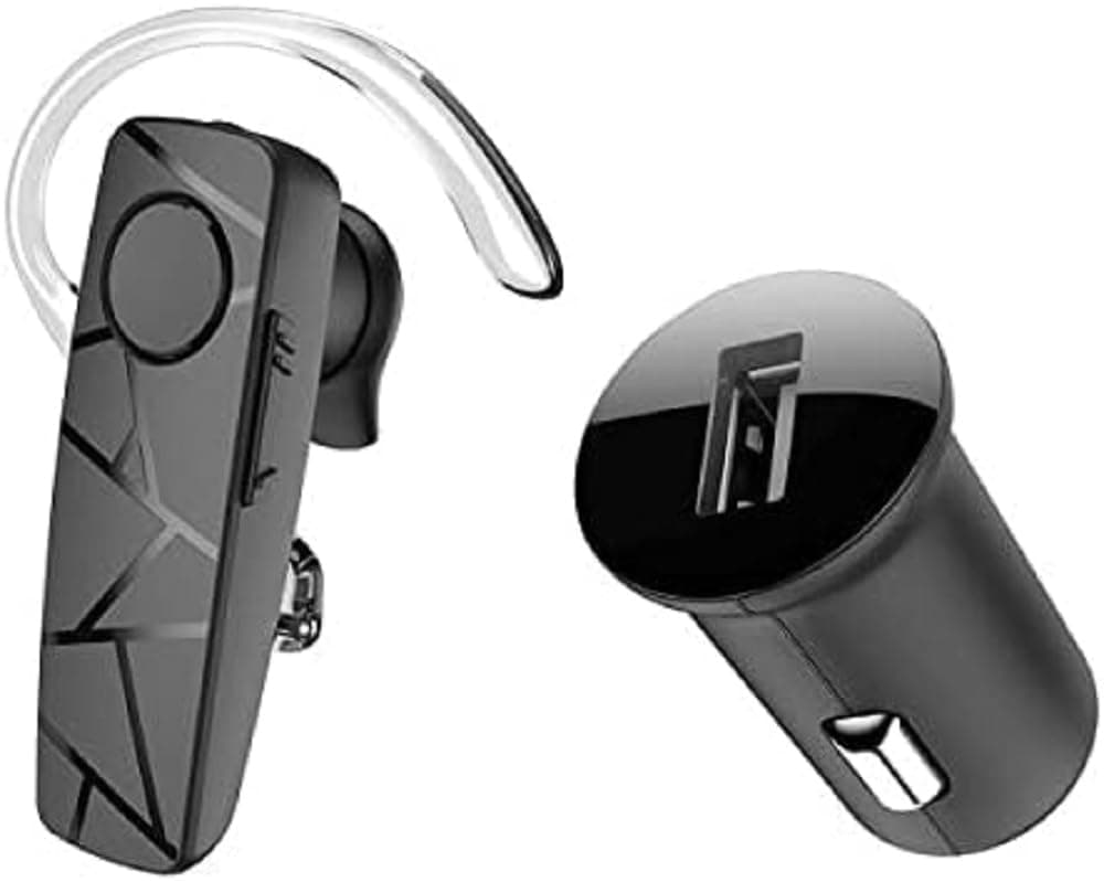 TELLURVOX 60 Bluetooth Headset, Handsfree Earpiece, BT v5.2, Multipoint Two Simultaneous Connected Devices, 360° Hook for Right or Left Ear, iPhone and Android, Car Charger Included