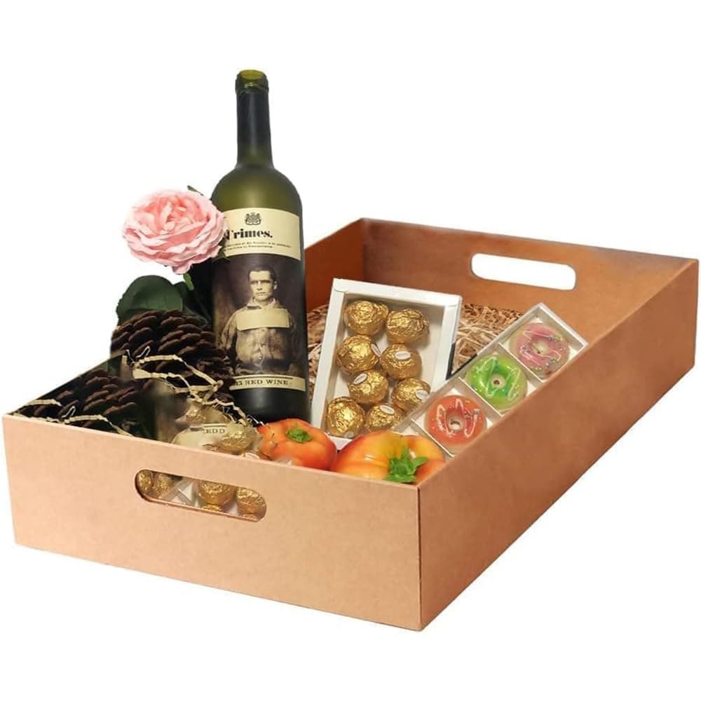 5 x Cardboard Gift Hamper Tray 16" x 10.5" x 4" (40cm x 26cm x 10cm) Empty Patch Handle Serving Tray for Gifts Display Drink Cans