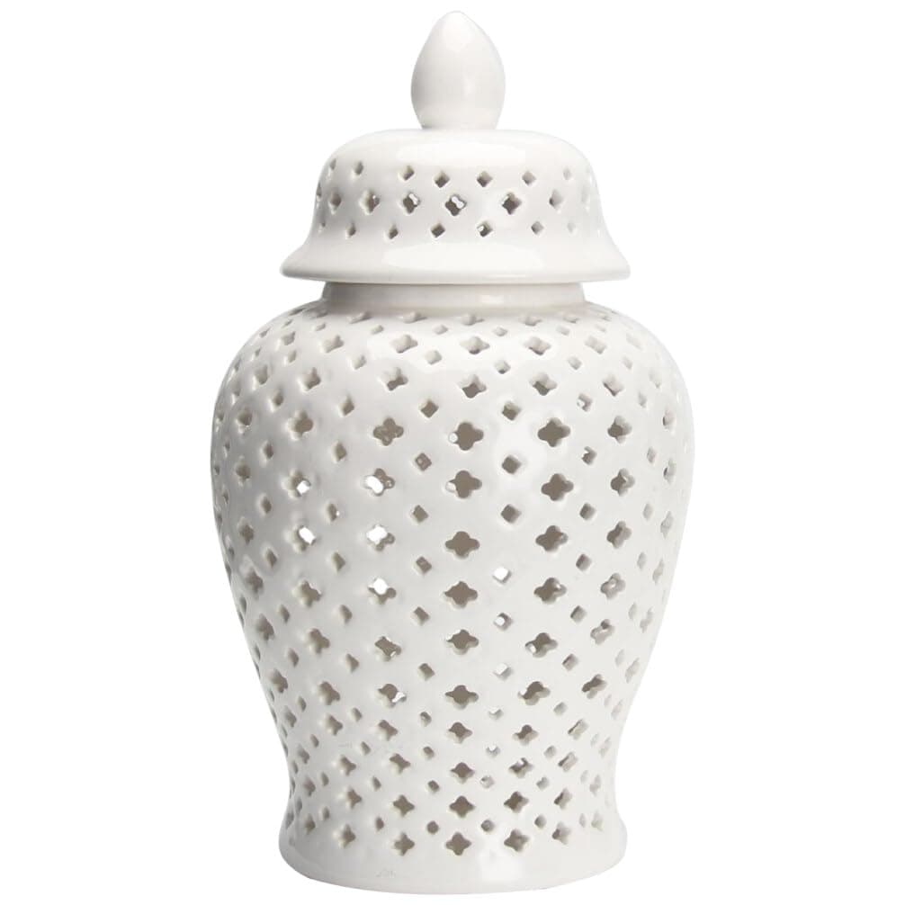 VOSAREA Ginger Jar Traditional Pierced Ginger Jar with Lid Ceramic Flower Vase Carved Lattice Decorative Temple Jar White Ginger Jars for Home Decor (12 * 12 * 21CM)