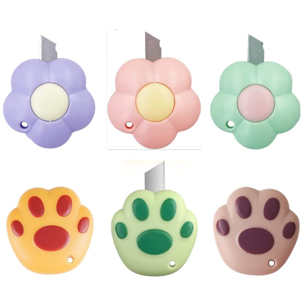 6 Pcs Cute Box Pocket Cutter Retractable Mini Letter Package Opener Tool Portable Art Utility Knife with Keychain Hole for Box Letter Envelope Small Plastic