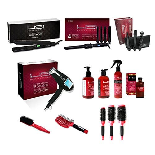 HSI PROFESSIONAL Dream Professional Styling Set, 1 X ELITE FLAT IRON, 1 X 4 PIECE CURLING IRON. 1 X 3 Piece Curling Iron, 1 X Argan Oil Infused Smoothing SHAMPOO & CONDITIONERS (8oz) 1 X Thermal Protector 450, 1 X Argan Oil Leave-In Hair Treatment 4 OZ, 1 X Classic 9-row Styling Hair Brush, 1 OF EACH: Round 2", 2.5' AND 3 INCH HAIR BRUSH 1 X EZ Flow Vented HAIR BRUSH
