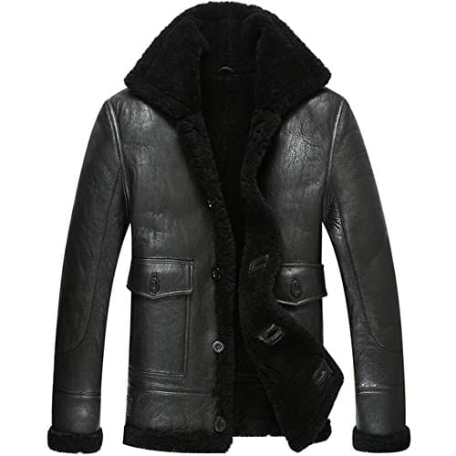 Leather Jacket Men Shearling Coat Pilot Outerwear B3 Men Casual Lapel Parka (L, Black)