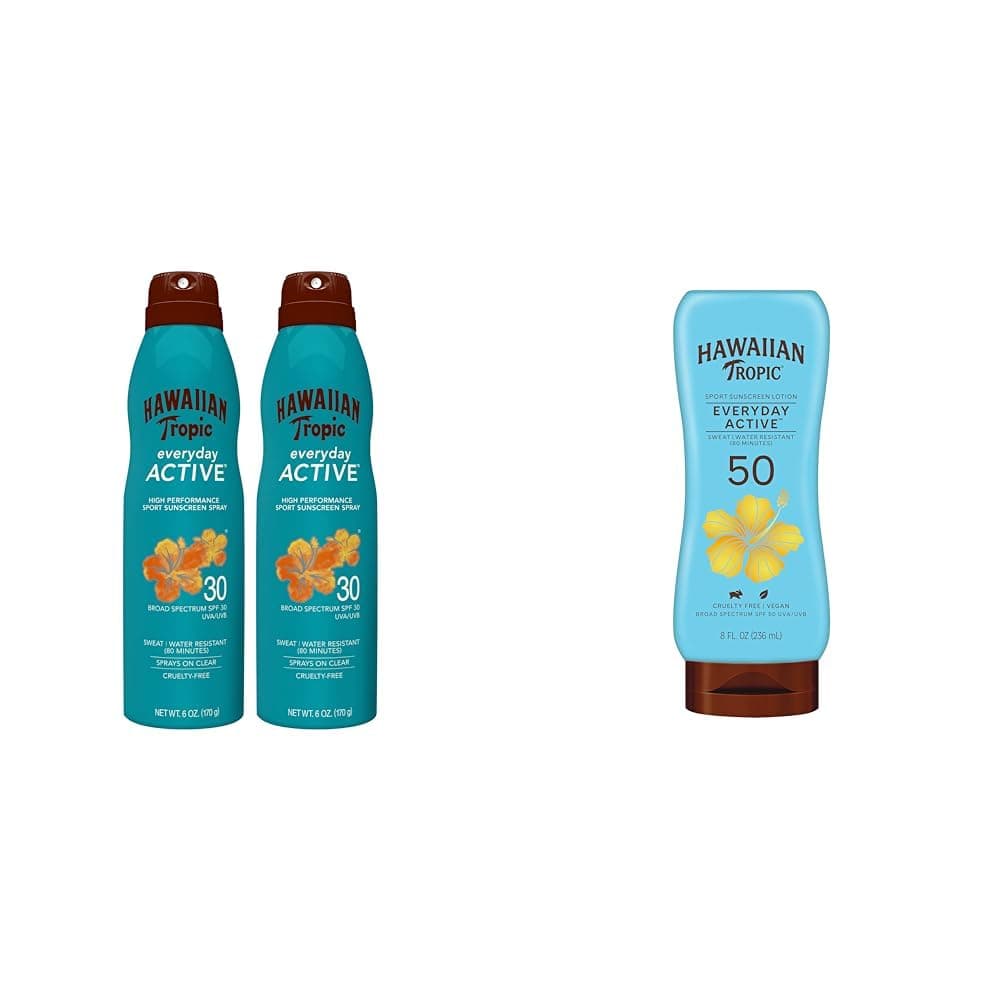Hawaiian Tropic Everyday Active Sunscreen SPF 30 Twin Pack and SPF 50 Lotion | Sunscreen Bundle with 6oz Spray and 8oz Lotion