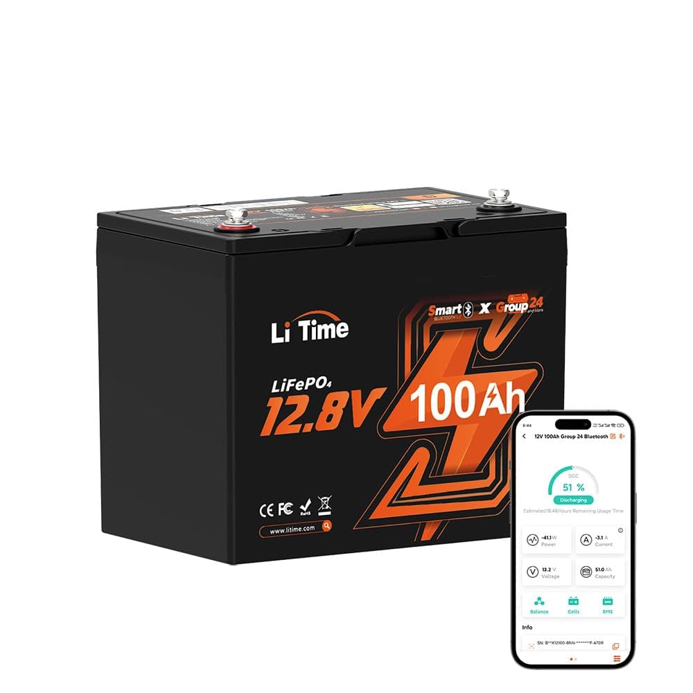 LiTime 12V 100Ah Group 24 Bluetooth LiFePO4 Battery, Deep Cycle Lithium Battery, Built-in 100A BMS with Low-Temp Protection, Max. 15000 Cycles, Perfect for RV, Solar System, Trolling Motors etc.