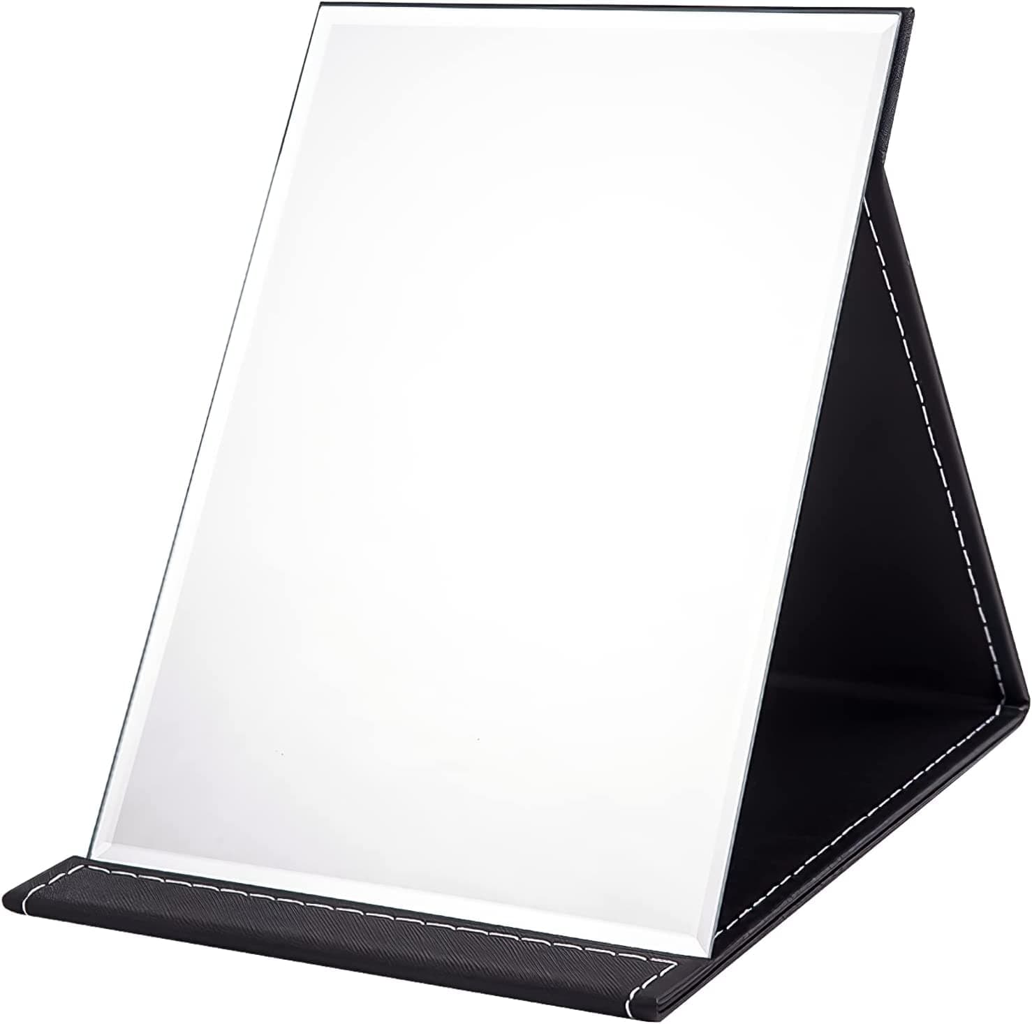 Lellow Portable Folding Makeup Mirror, Frameless PU Leather Vanity Mirror with Stand for Desk Table Camping Travel Personal (Black-Pack of 1, Rectangular, Unframed, Tabletop Mount)